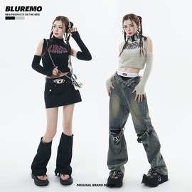 BLUREMO|秋冬女装辣妹半高领修身撞色分离式半袖潮牌针织毛绒开衫