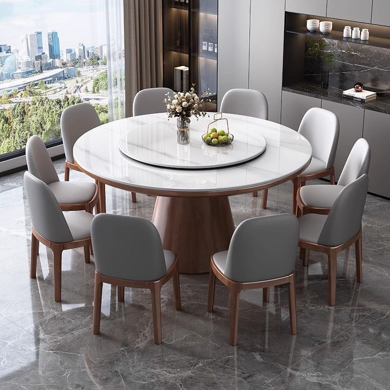 Mesa y silla de comedor de tabla de roca, mesa redonda combinada, mesa giratoria de lujo moderna y simple, mesa de comedor de horno electromagnético de madera maciza