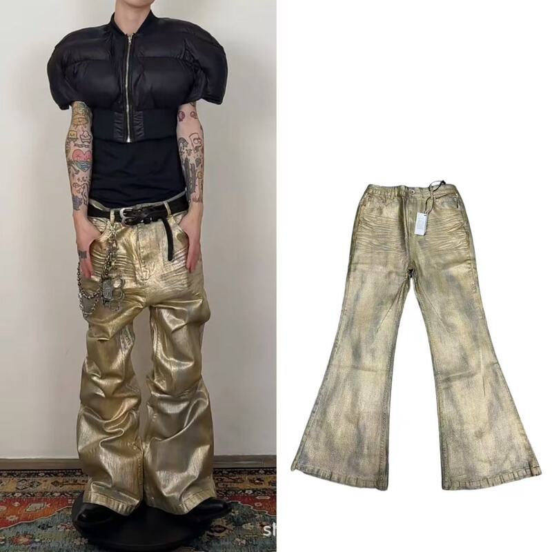 Original RO-style heavy-duty coated gold-brushed Opium 3D cat-ear flared jeans with gold stamping for men