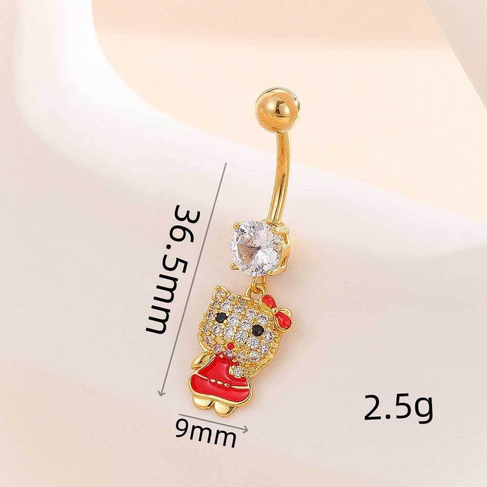 2025 Spring Cute Pink Kitty Cat Cartoon Navel Ring Copper Gold Plated Belly Jewelry detail image 7