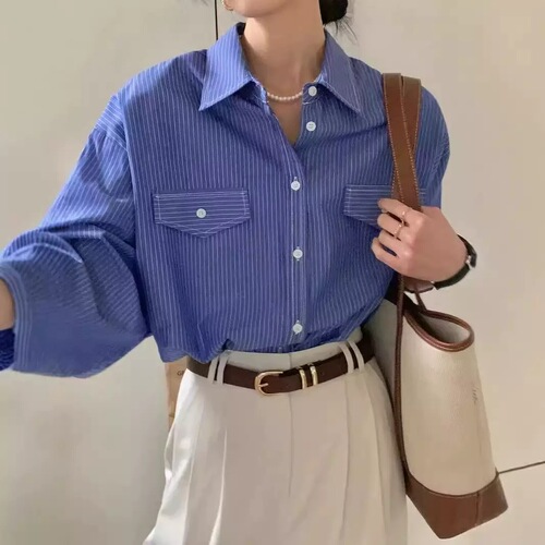 Women's Loose Straight-C Collar Striped Long-Sleeve Shirt with Single Button - Chic Autumn New Style, Versatile and Stylish