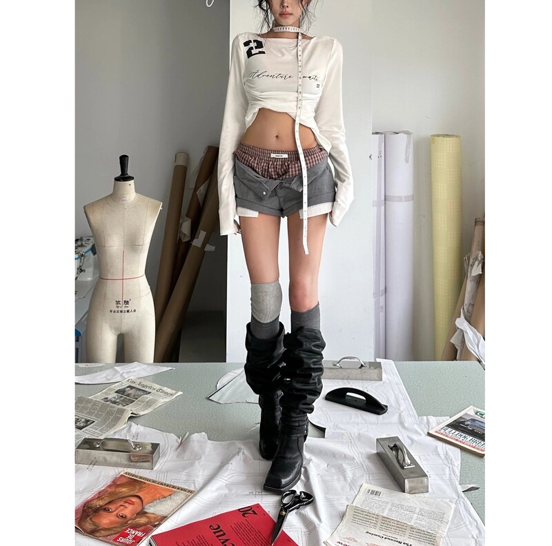 Korean H Sweet WADREN EGDE Sweet Heart Thrilling Gray Double-Waisted Plaid Shorts for Women, Summer Hot Girl Low-Waisted Pants