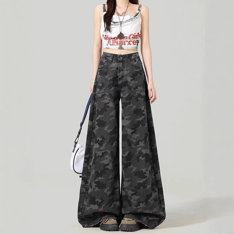 美潮设计感工装迷彩阔腿裤子女韩版2025春街头百搭垂感显瘦牛仔裤|undefined