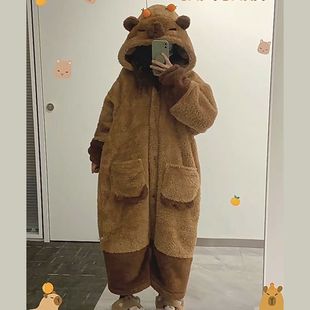 Pajamas Women's Autumn and Winter Coral Fleece Plush fleece-lined Thickened Nightgown suit Hooded Dormitory Student Home Clothes Outer Wear