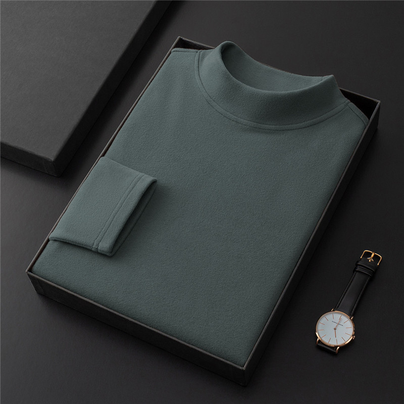 Camiseta de base de terciopelo de doble cara con cuello medio alto para hombre, otoño 2025, sudadera de terciopelo alemán, fabricante de camisetas de manga larga de color sólido cepillado para hombre.