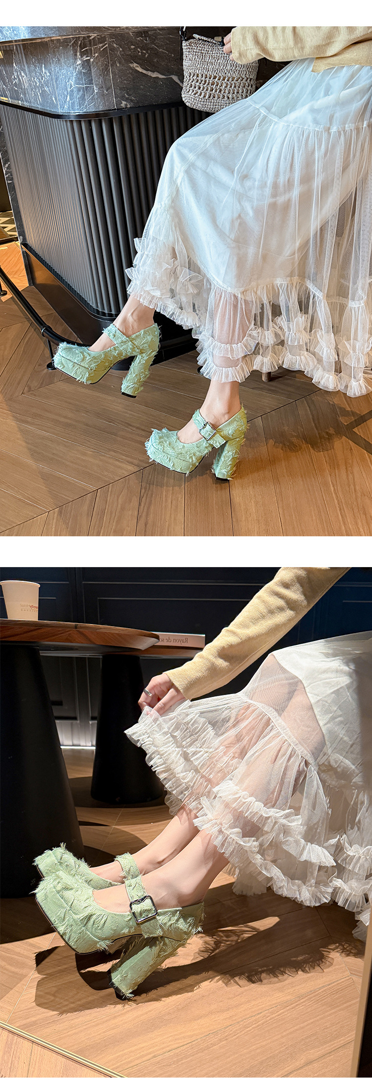 Giày cao gót nữ mũi vuông phong cách Mary Jane đế xuồng platform gót 12 cm — Xanh lá cây nhạtcolor, màu đen, màu trắng ngà chi tiết 16