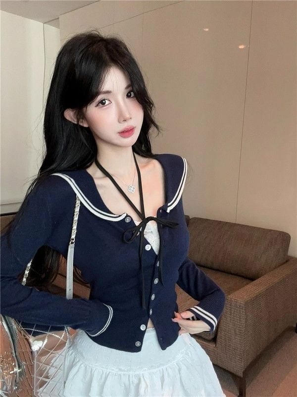 学院风海军领针织衫女2025秋冬季纯欲风上衣打底衫内搭可外穿开衫|undefined