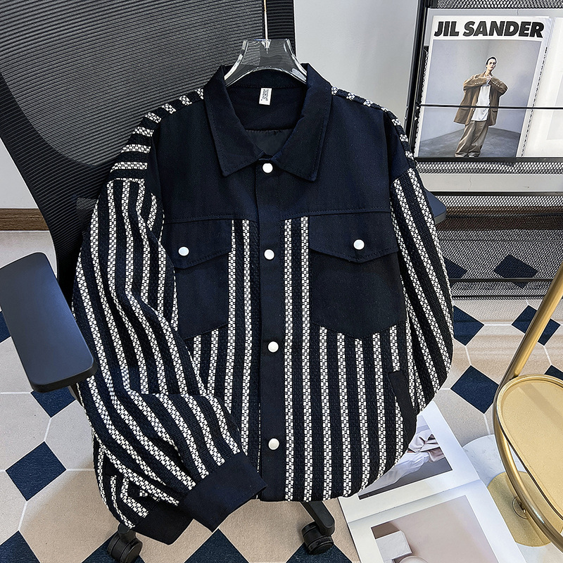 Hong Kong Style Trendy Brand Tooling Coat Men's Spring and Autumn New Loose Handsome Fashionable All-match Jacket Striped Top