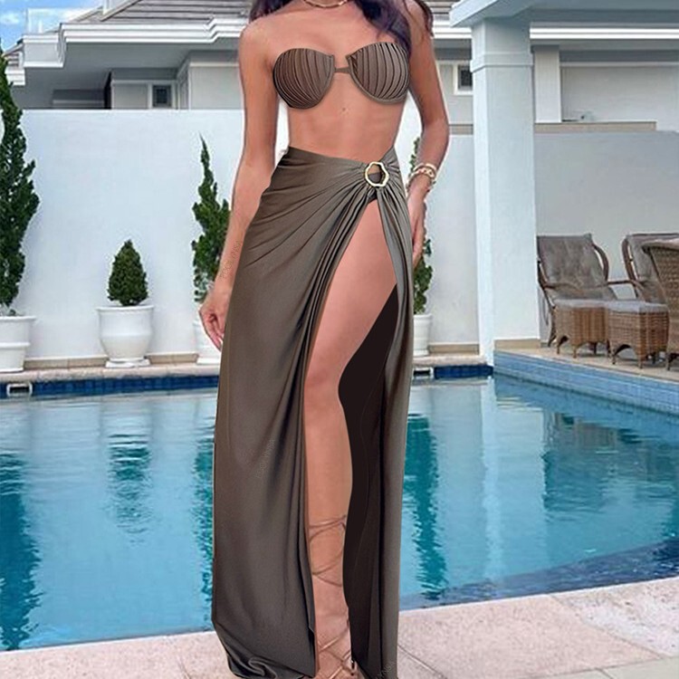 Cross-Border Women's Clothing 2025 Summer New Sexy Backless Tube Top Slim Slit Skirt Bikini Set