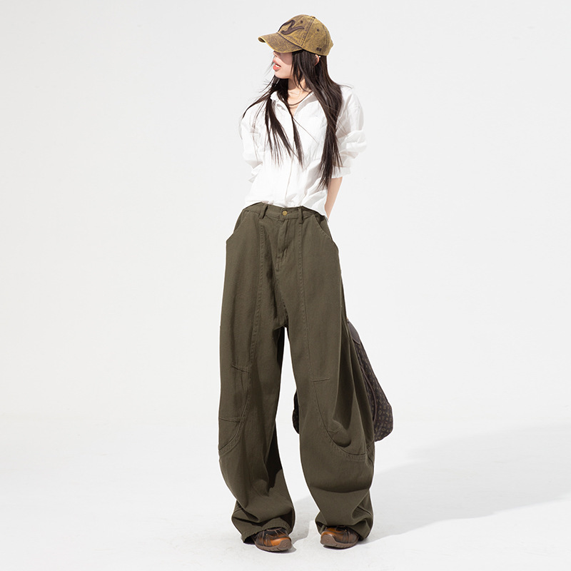 American Style Olive Green Scimitar Wide Leg Jeans Women's Spring and Summer 2025 New High Waist Loose Slimming Straight Banana Pants American Style Olive Green Scimitar Wide Leg Jeans Women's Spring and Summer 2025 New High Waist Loose Slimming Straight Banana Pants