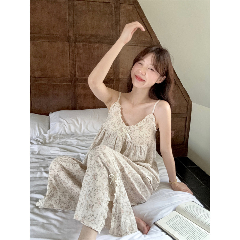 Spring Sweet Bow Lace Double-layer Yarn Floral Sling Comfortable Belt Bra Chest Pad Home Clothes Pajamas suit