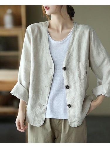 Chinoise Women's Literary Three-Button Elegant Suit Jacket Outerwear Slimming Solid Color Versatile Cotton Linen Cardigan Top