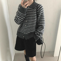 韩版翻领条纹针织开衫女秋冬新款宽松慵懒风软糯羊毛加厚毛衣外套