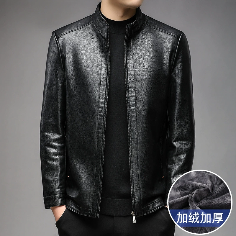 Haining кожаная одежда мужская весна и осень среднего возраста мужская кожаная куртка с коротким воротником