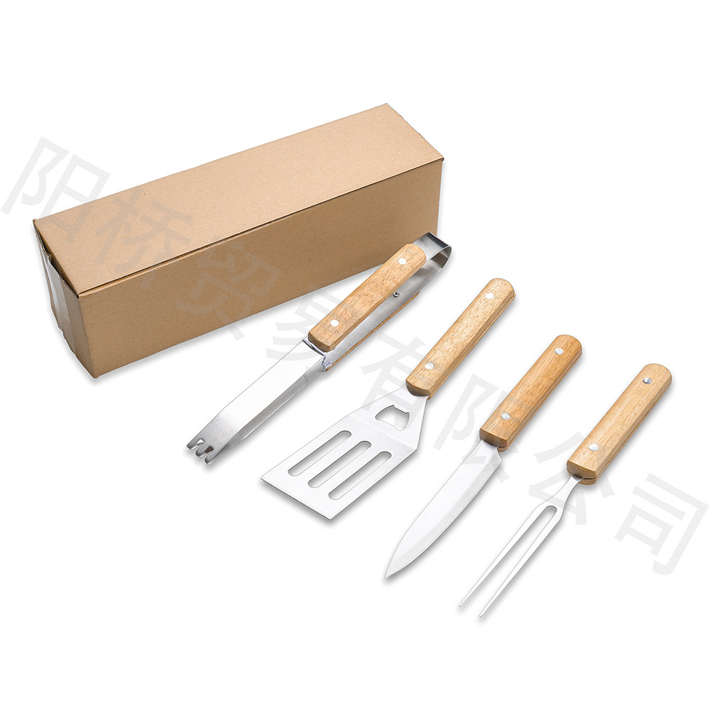 Exportación Amazon Barbacoas barbacoa herramientas mango de madera parrilla traje al aire libre camping picnic Acero inoxidable cuchillo tenedor pala clip