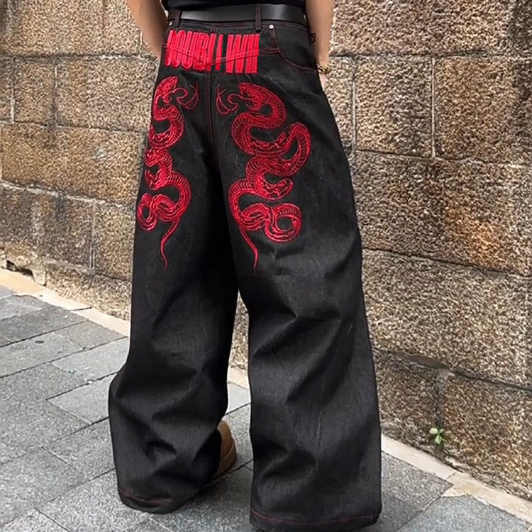 アメリカンプラスサイズホットガールヘビーデザイン赤ヘビ刺繍ジーンズ女性サブカルチャーレトロワイドレッグフロアレングスパンツ|undefined