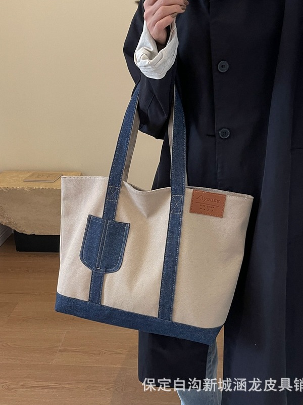 韩版大容量包包撞色牛仔女包2024新款休闲托特包单肩手提帆布包女