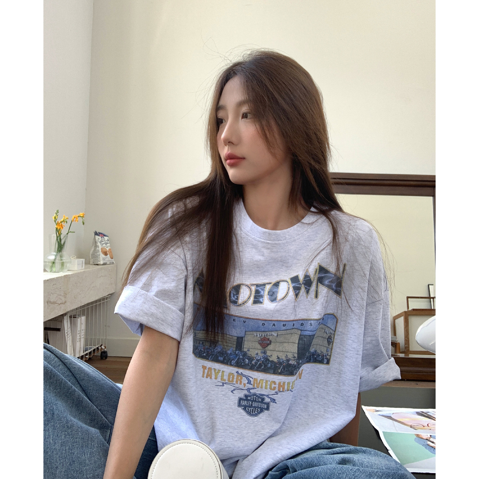 美式复古短袖t恤女夏季新款宽松休闲慵懒风圆领印花短袖上衣ins潮