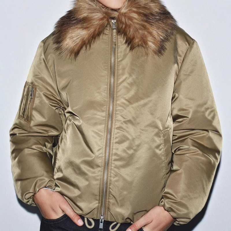 Foreign Trade European and American Style Autumn and Winter New Simple Plain Artificial Fur Detachable Large Lapel Bomber Jacket Trendy