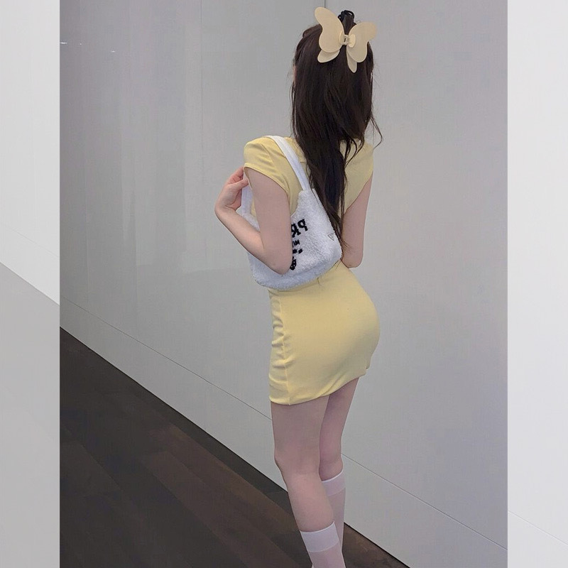 Lemon Sparkling Water Design Cut Out Waist Dress, Feminine Pure Lust Elegant, Sweet Sexy Butt-Covering Skirt