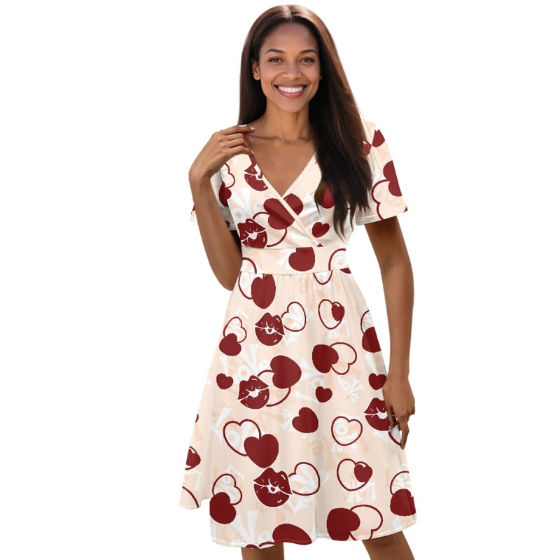 Valentine's Day Heart Lip Print Printed Waist-Cinching Short-Sleeved Dress Romantic Date Dress Women's Daily Home Party Dress