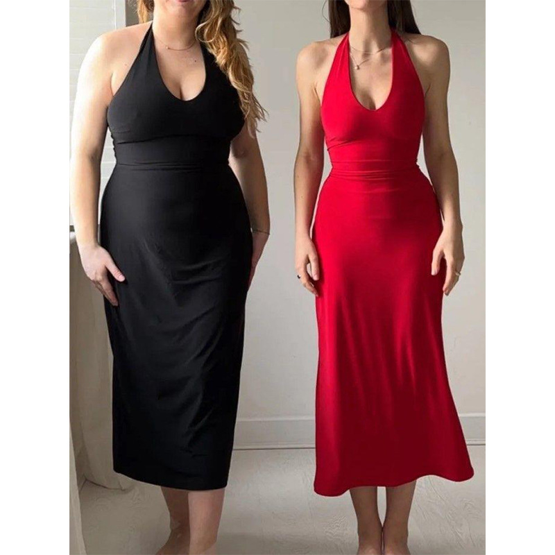 2025 New European and American Cross-Border Amazon Independent Platform Solid Color U-Neck Halter Backless Waist-Cinching Sexy Long Dress