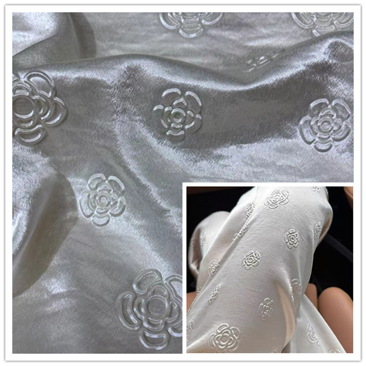 春夏仿醋酸缎面3D压花丝滑裤子裙子新中式旗袍国风上衣山茶花面料