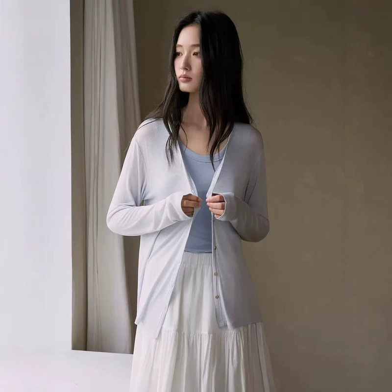 Spring and summer silk modal cardigan for women, made of silk and wool, Korean-style skin-friendly knitwear, lightweight buttoned long-sleeve top