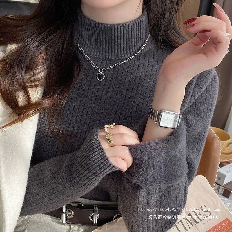 Women's thickened fleece-lined knitted base shirt, new autumn and winter slim-fit top, half-high collar warm sweater Women's thickened fleece-lined knitted base shirt, new autumn and winter slim-fit top, half-high collar warm sweater