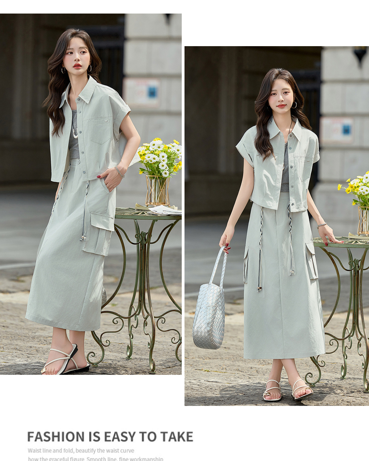 Bộ ba món sơ mi + áo lót + chân váy nữ MJ2618 — màu xanh nhạt, màu xám nhạt chi tiết 18