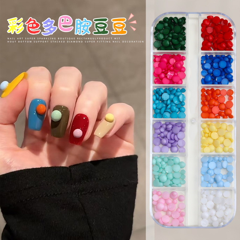 Nail Art Accessories Dopamine Candy Beans Xiaohongshu Hot-Selling 12-Color Mixed Sizes Flat-Bottom Resin Wearable Nail Decorations Nail Art Accessories Dopamine Candy Beans Xiaohongshu Hot-Selling 12-Color Mixed Sizes Flat-Bottom Resin Wearable Nail Decorations