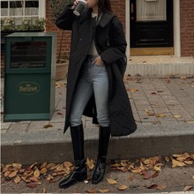 2025韩国chic冬季法式双排扣菱格系带保暖棉服黑色西装领大衣外套