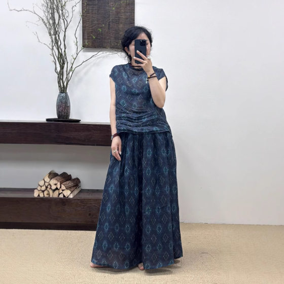 2025 Summer Ramie Printed Artistic Casual suit Women's Round Neck Ear-edged Pullover T-shirt with elastic waist Skirt