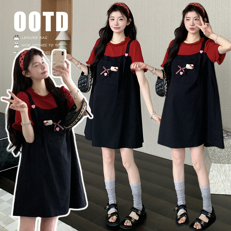 Maternity Wear 2026 Summer New Korean Style Fashion Simple Slimming Cartoon Bow Fake Two-Piece Maternity Dress Maternity Wear 2026 Summer New Korean Style Fashion Simple Slimming Cartoon Bow Fake Two-Piece Maternity Dress