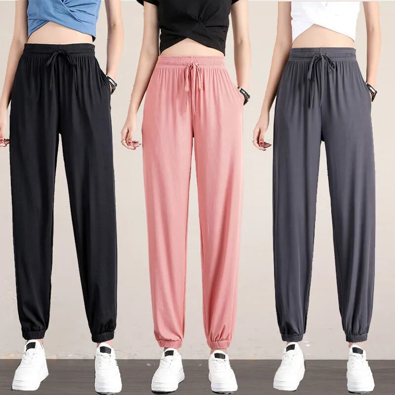 Summer New Ice Silk Sports Pants Women's Loose Leg Casual Sweatpants Draped Slimming Loose Wide Leg Bloomers Trendy Summer New Ice Silk Sports Pants Women's Loose Leg Casual Sweatpants Draped Slimming Loose Wide Leg Bloomers Trendy