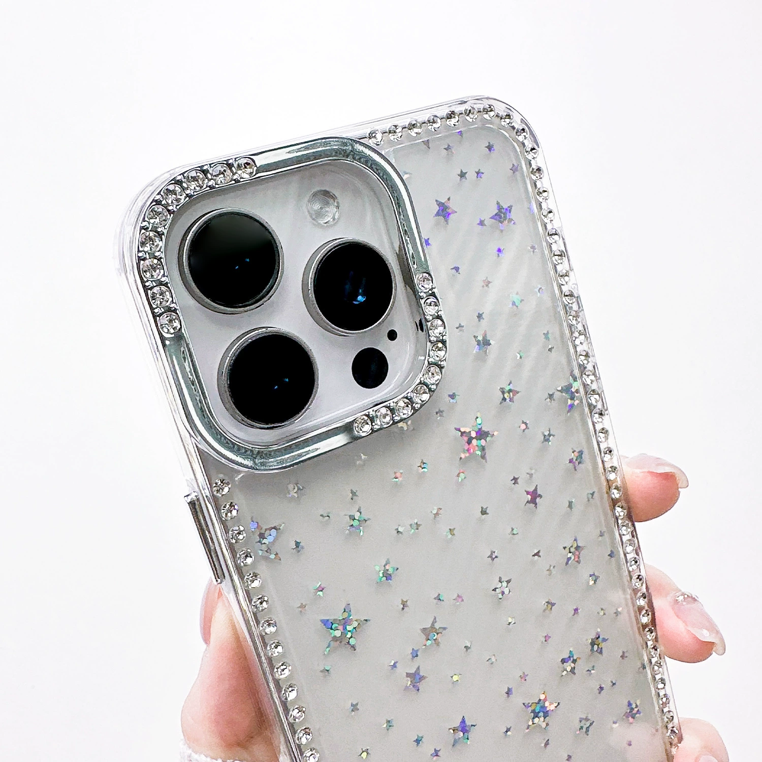 Чехол для Apple iPhone 17 (совместимый) — прозрачный с бриллиантовой рамкой и лазерным звездным блеском, лёгкая роскошь