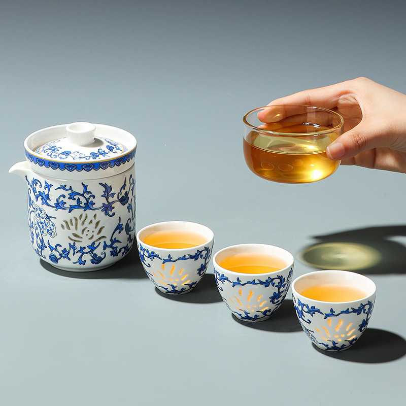 青花玲珑瓷旅行茶具套装便捷式户外收纳茶器快客杯公司开业伴手礼|undefined