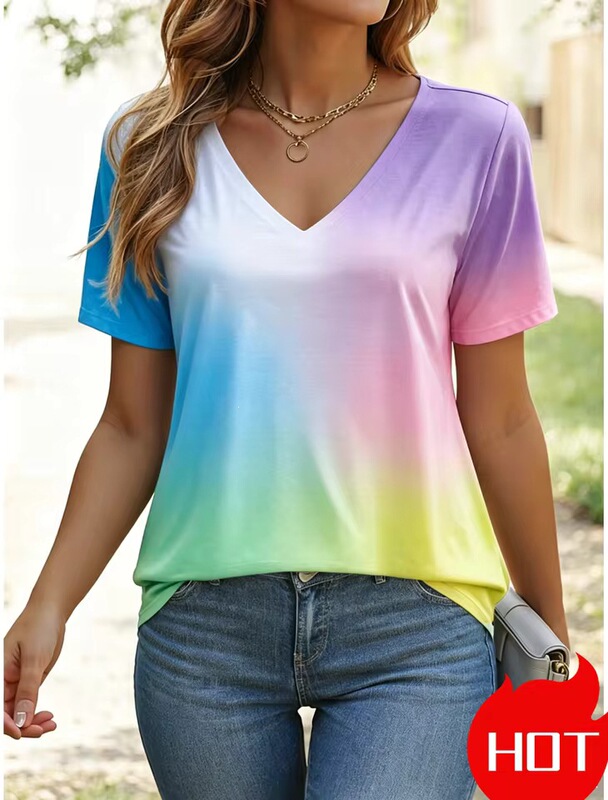 Wholesale women's T-shirts with Ombre graphics, fashionable casual short-sleeve V-neck regular tops, daily print, minimum order one piece Wholesale women's T-shirts with Ombre graphics, fashionable casual short-sleeve V-neck regular tops, daily print, minimum order one piece