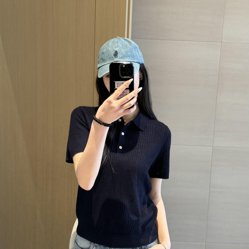 Pure Original Lp Women's Hollow-Out Three-Button Knitted Polo Shirt Short-Sleeve Shirt Exquisite Boutique Women's Clothing with a High-End Feel