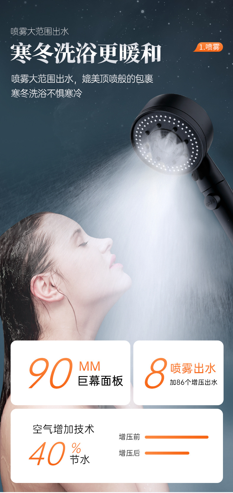 One-click water-stop Black Knight multi-functional powerful pressure-increasing showerhead with five adjustable Settings, handheld shower head Application Scenario