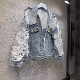 2024 Spring and Autumn New Loose All-match Sunscreen Mesh Perspective Lace Embroidered Short Denim Coat Women's Trendy Top