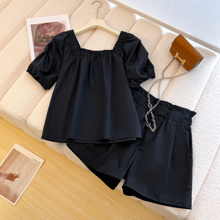 Plus Size Fat mm Cover-Up Slimming Look Suit Summer Sweet Square Neck Puff Sleeve Babydoll Shirt High Waist Wide Leg Shorts Two-Piece Set