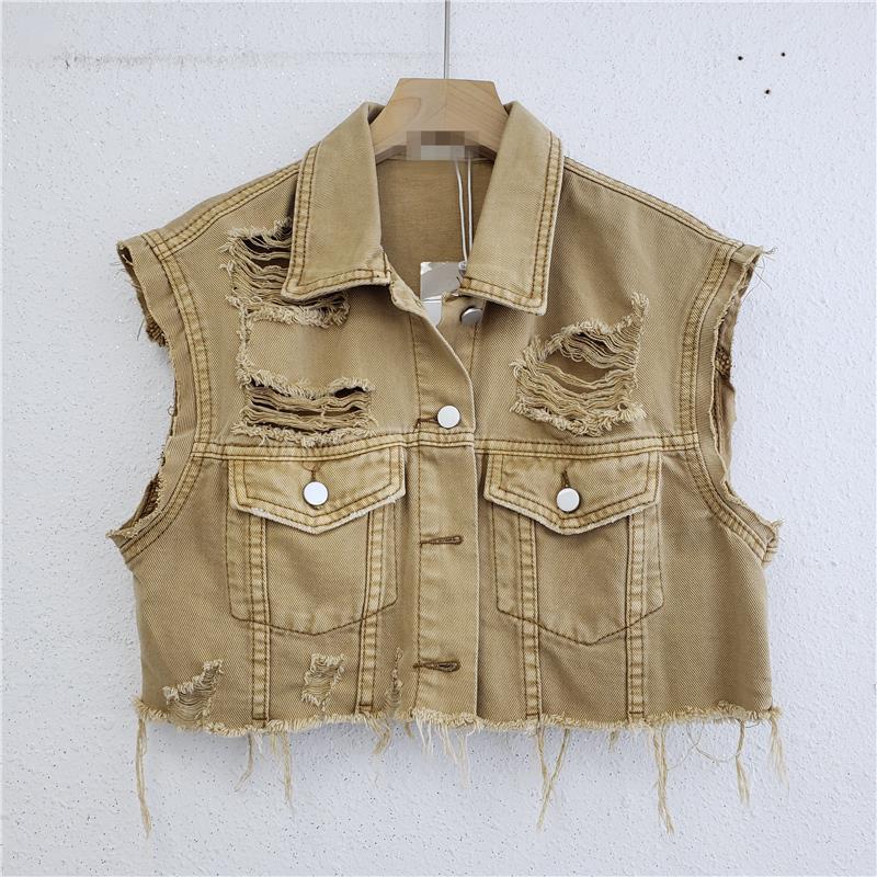 European Personalized Ripped Raw Edge Denim Vest Jacket for Women to Wear Summer Thin 2022 New Short Vest