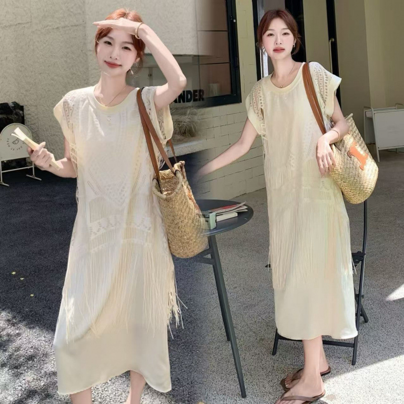 夏季哺乳衣外出辣妈款产后喂奶甜美流苏镂空罩衫假两件哺乳连衣裙|undefined
