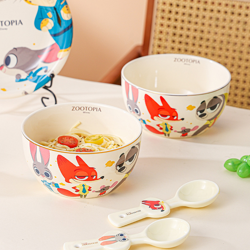 Cute Strawberry Bear Mickey Ceramic High-Value Bowl and Plate Gift Box Tableware Set for Home Use Cartoon Noodle Bowl for Girls