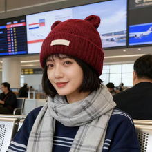 小熊耳朵针织帽子女日系甜美可爱卡通毛线帽简约防寒护耳帽子男潮
