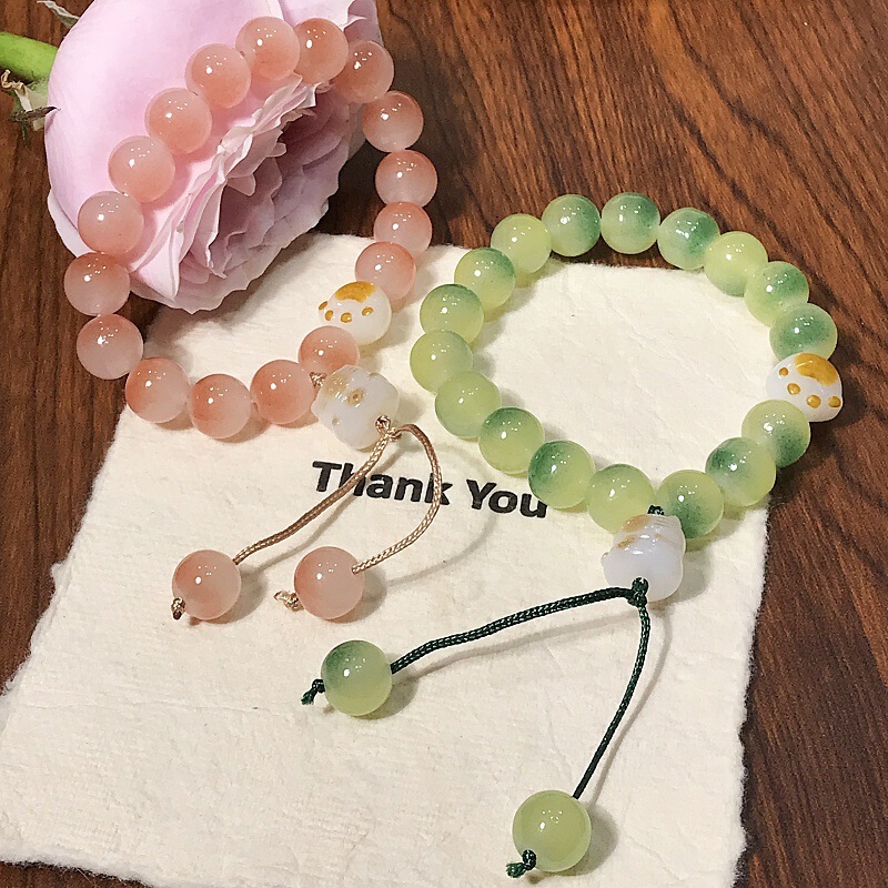 Fortune-Attracting Lucky Cat Bodhi Bracelet with Small Green Limes, Cat Paw Bodhi Beads, Hand-Held Buddhist Prayer Beads, High-Value Bracelet for Women