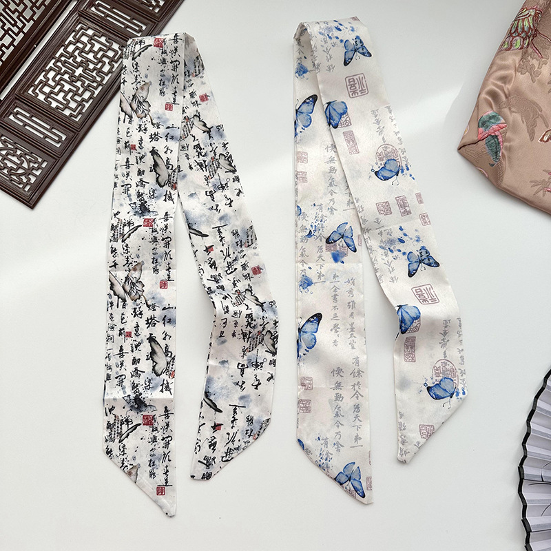 Las chicas del nuevo temperamento chino pinturas de tinta de flores y pájaros caligrafía cinta de cabello cuerda de cabello cabeza de cola de caballo bufandas de seda multipropósito