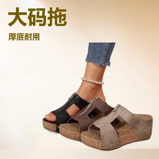 Cross-Border New Large Size Women's Shoes Summer New Cross Thick-Soled Slippers Rivet Buckle Sandals Wedge Slippers Independent