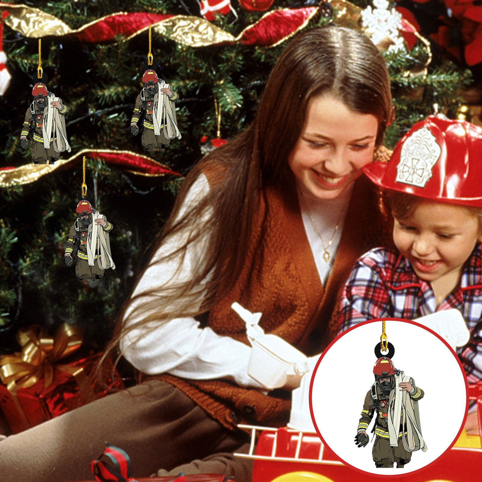 Bombero de dibujos animados transfronterizo colgante creativo hogar árbol de navidad decoración colgante de acrílico